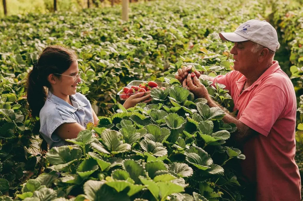 Dos personas recogiendo fresas en un cultivo